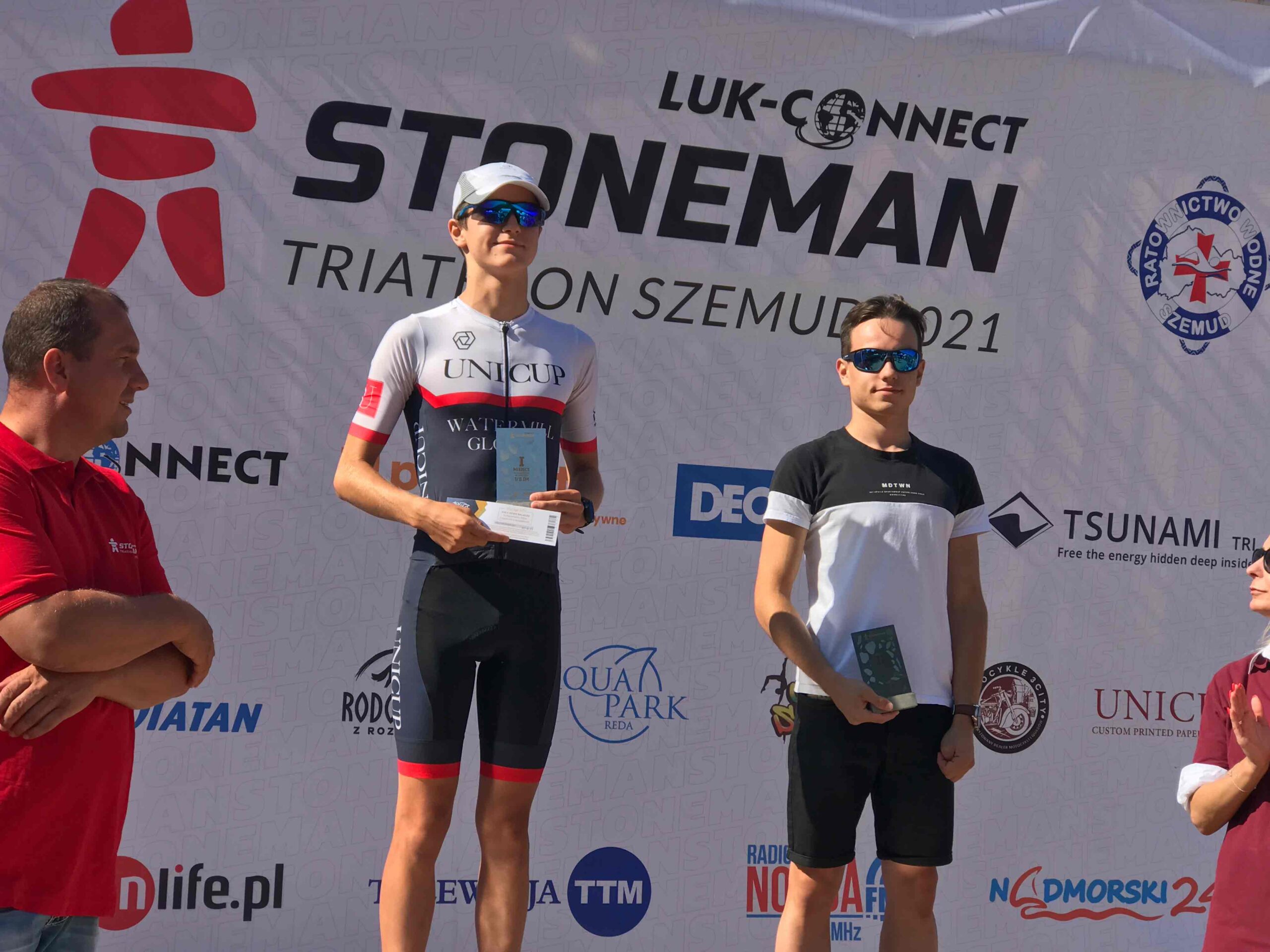 Winner in Unicup outfit at the triathlon podium
